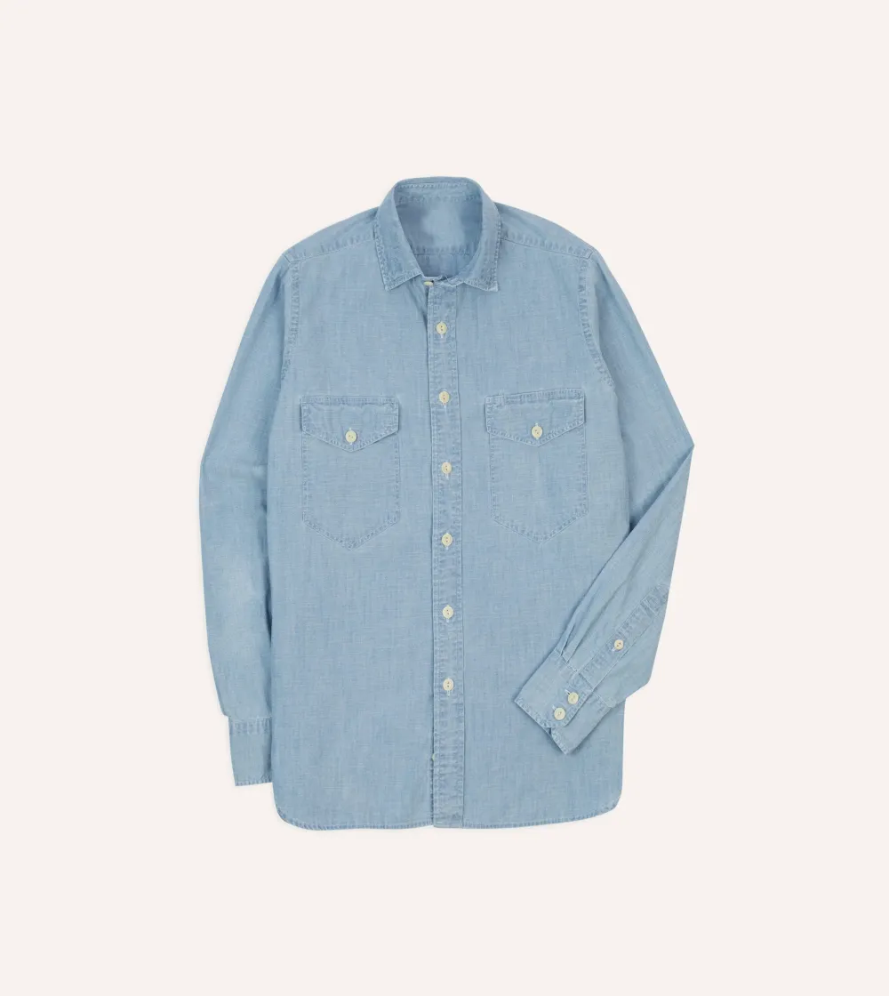 Blue Cotton Chambray Two-Pocket Work Shirt Casual Style