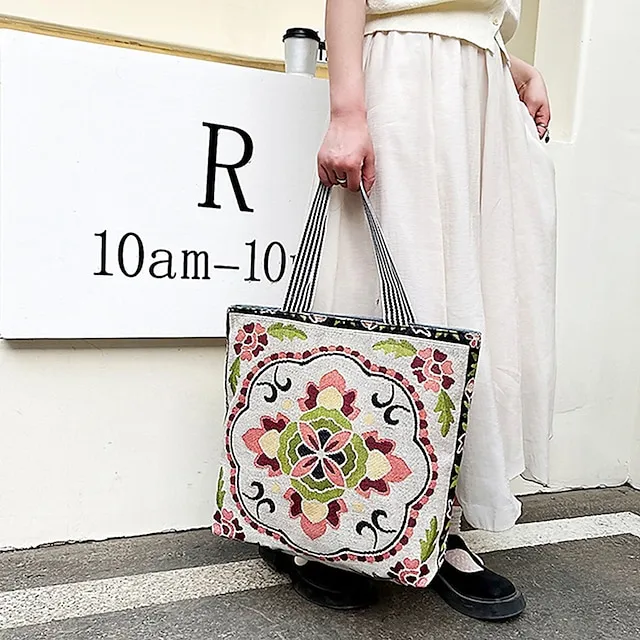 Women's Tote Shoulder Bag Canvas Tote Bag Canvas Shopping Holiday Zipper Large Capacity Foldable Lightweight Geometric Folk Style one Style Three Style two
