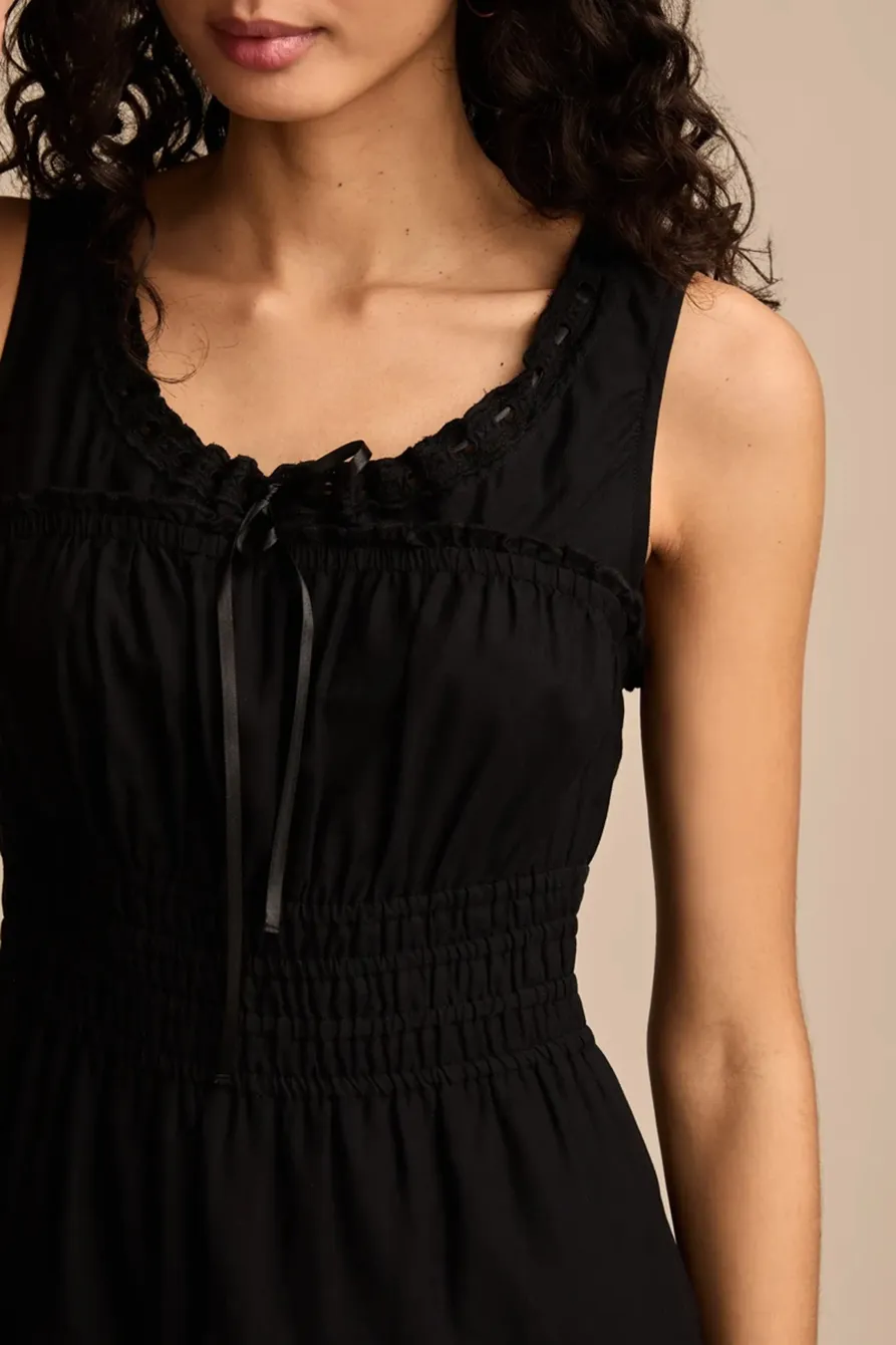 Poplin Lace Trimmed Smocked Midi Dress