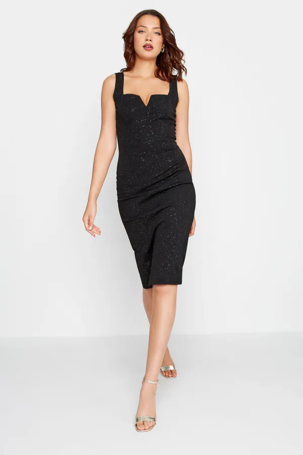 LTS Tall Black Glitter Notch Neck Midi Dress