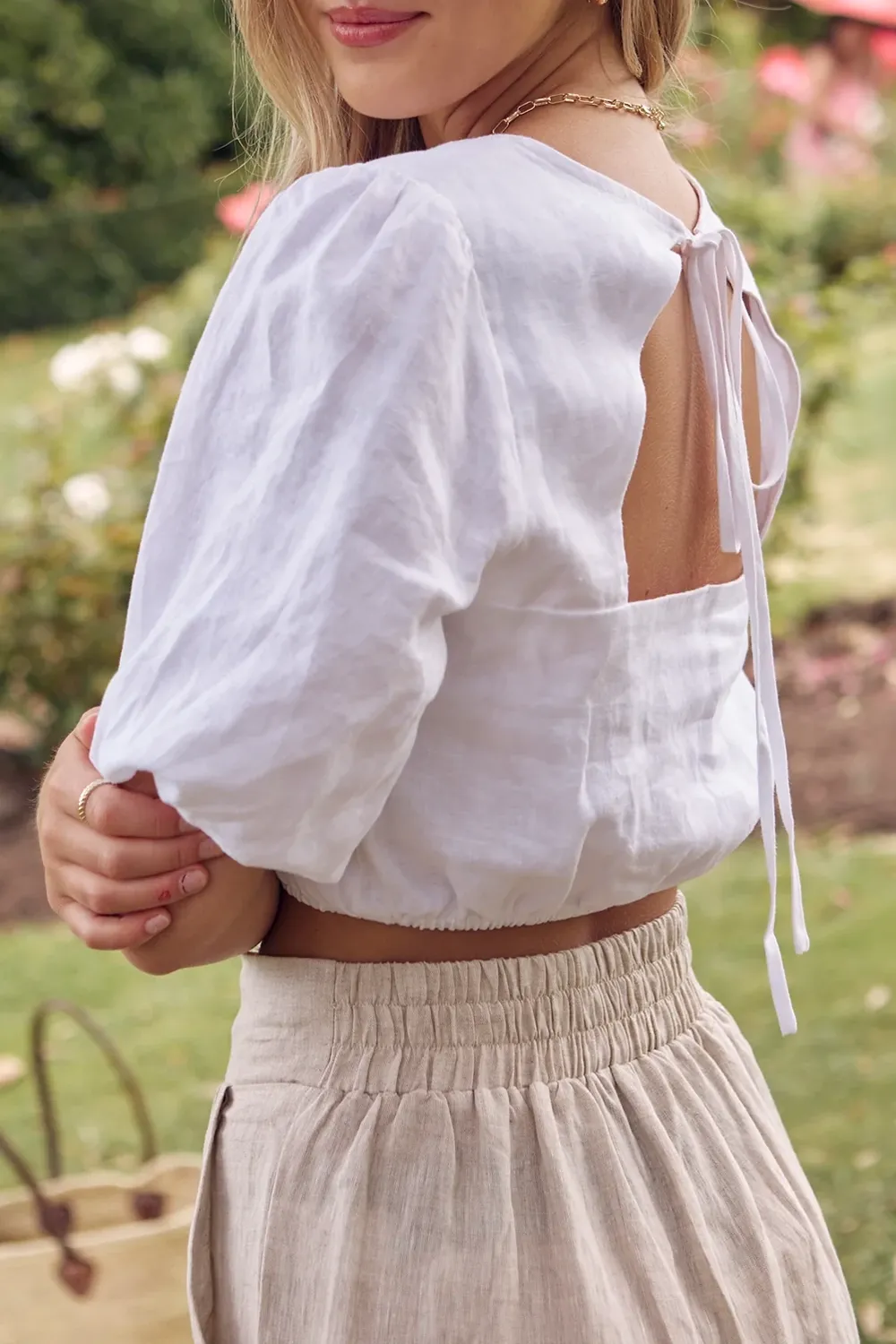 White Linen Cut - Out Crop Top