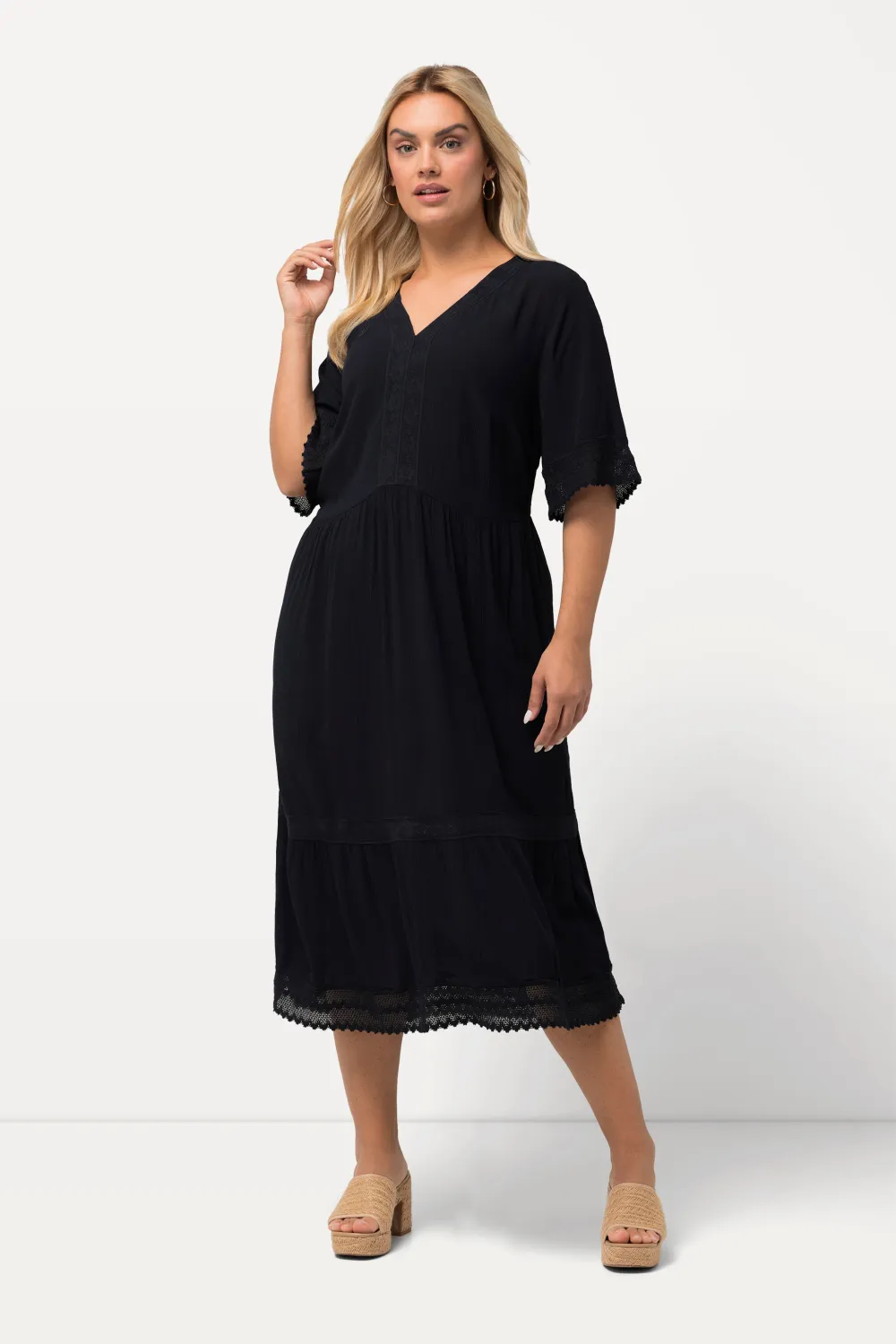 Tunika-Midikleid, Spitze, A-Linie, V-Ausschnitt, Halbarm