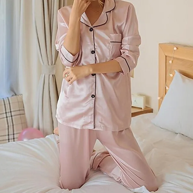 Women's Gift Pajamas Sets Home Christmas Party Daily Basic Pure Color Satin Simple Casual Soft Shirt Pant Fall Spring Summer Shirt Collar Long Sleeve Long Pant Buckle Pocket