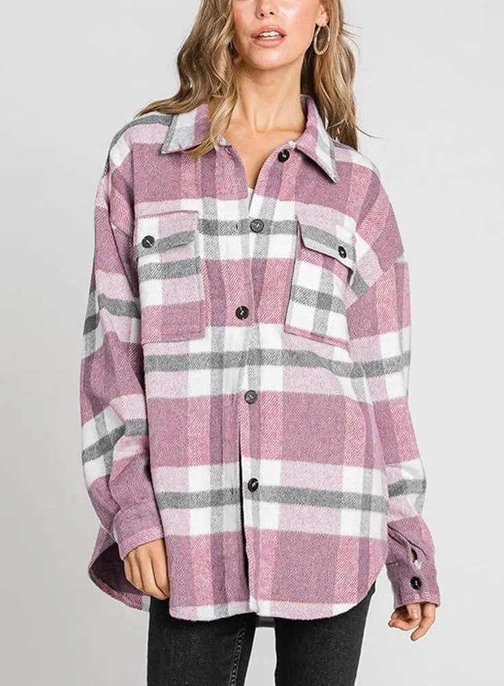 Women's Flannel Plaid Shacket Long Sleeve Button Down Chest Pocketed Shirts Jacket Coats