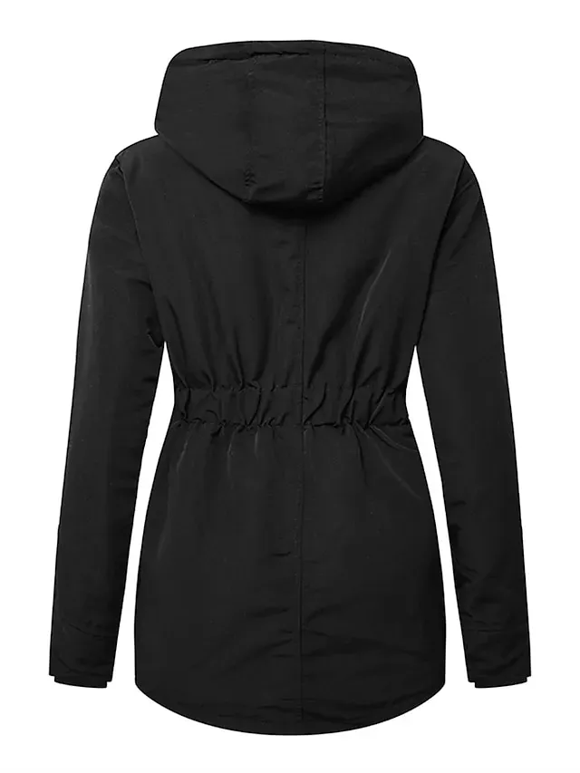 Women's Parka Fleece Lined Puffer Jacket Waterproof Windproof Winter Coat Fall Zipper Hooded Heated Jacket with Pocket Minimalism Outerwear Long Sleeve Black Army