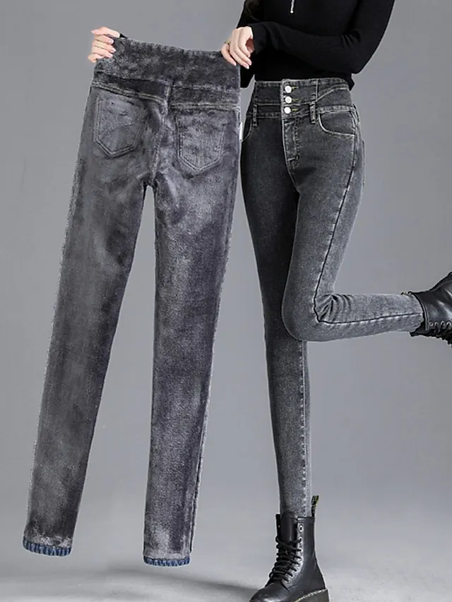 Women‘s Fleece Pants Trousers Jeggings Full Length Fashion Streetwear Street Daily Black Blue S M Fall Winter