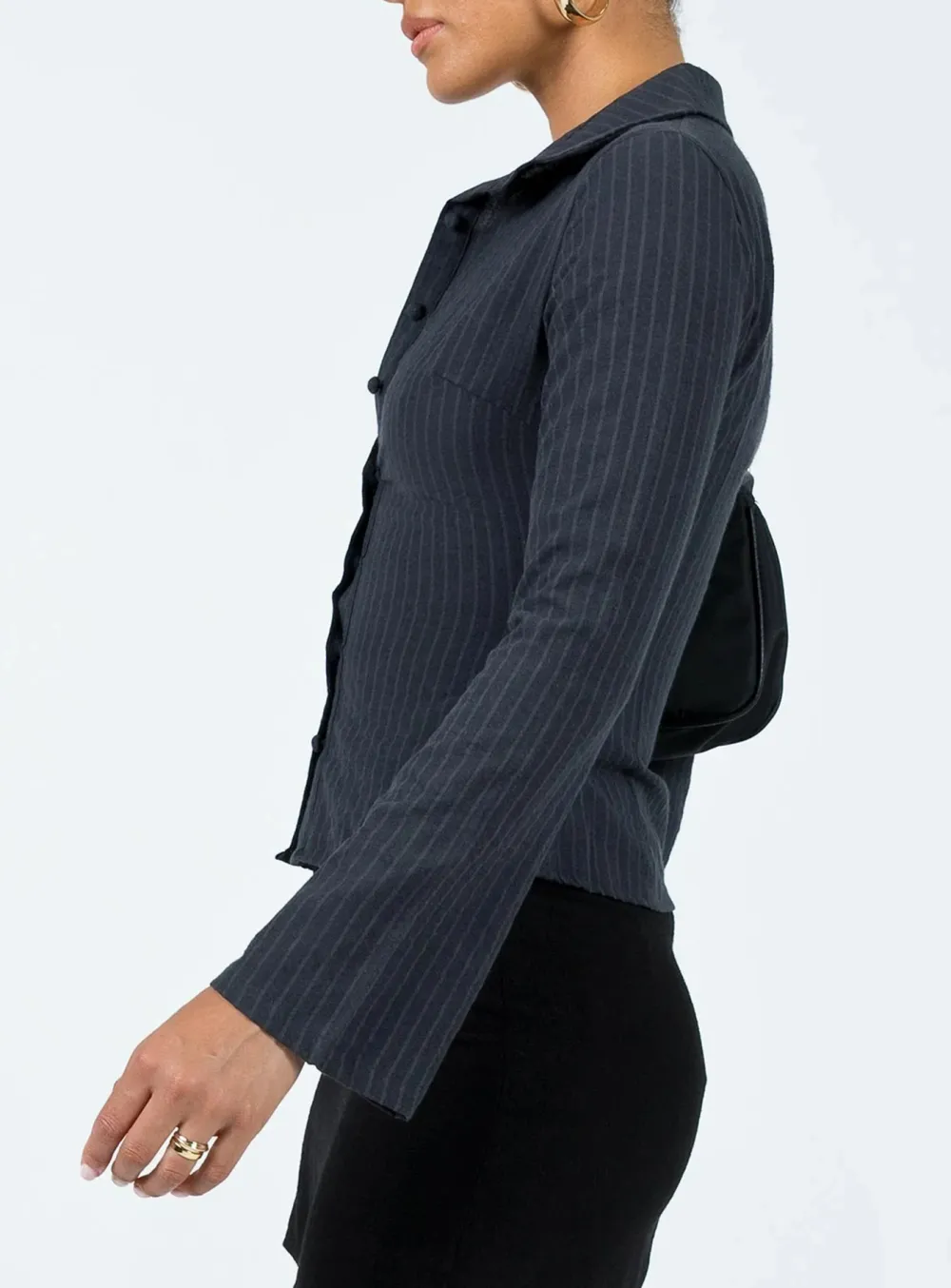 Black Pinstripe Cropped Button Up Shirt