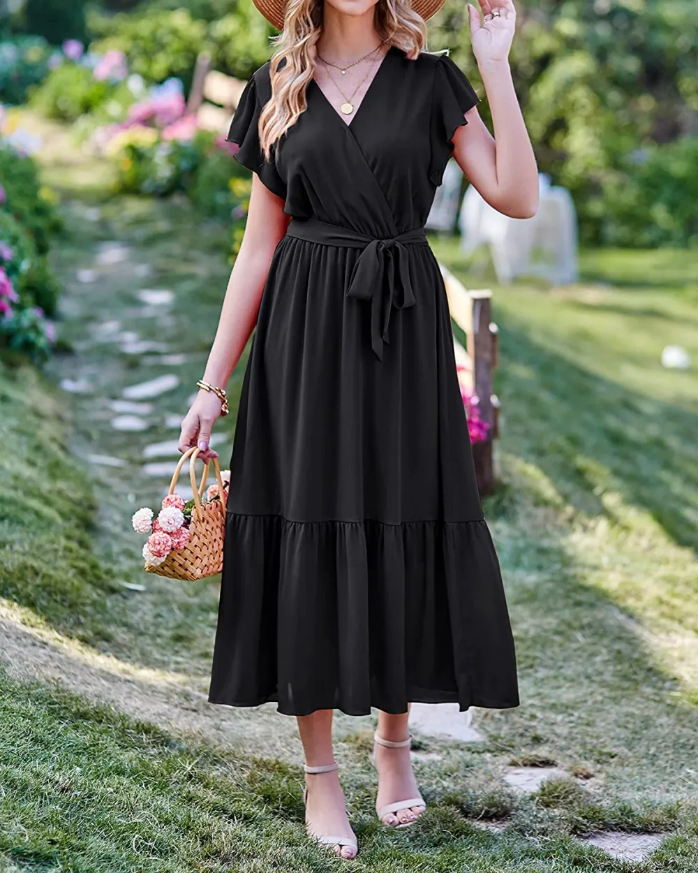 Women Summer Bohemian Floral Casual Wrap V Neck Ruffle Cap Sleeveless Belt A-Line Pleated Hem Swing Midi Sun Dress