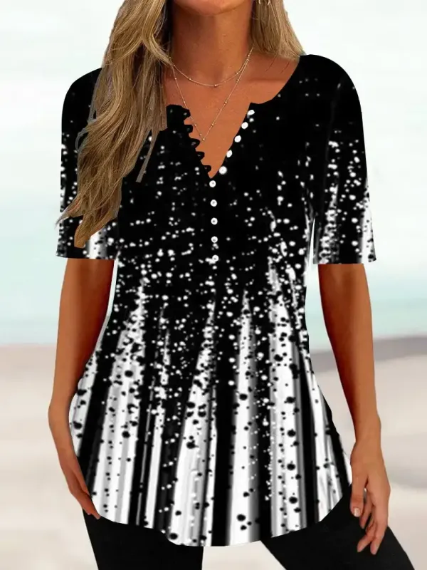 Women Half Sleeve V-neck Gradient Striped Printed Tops