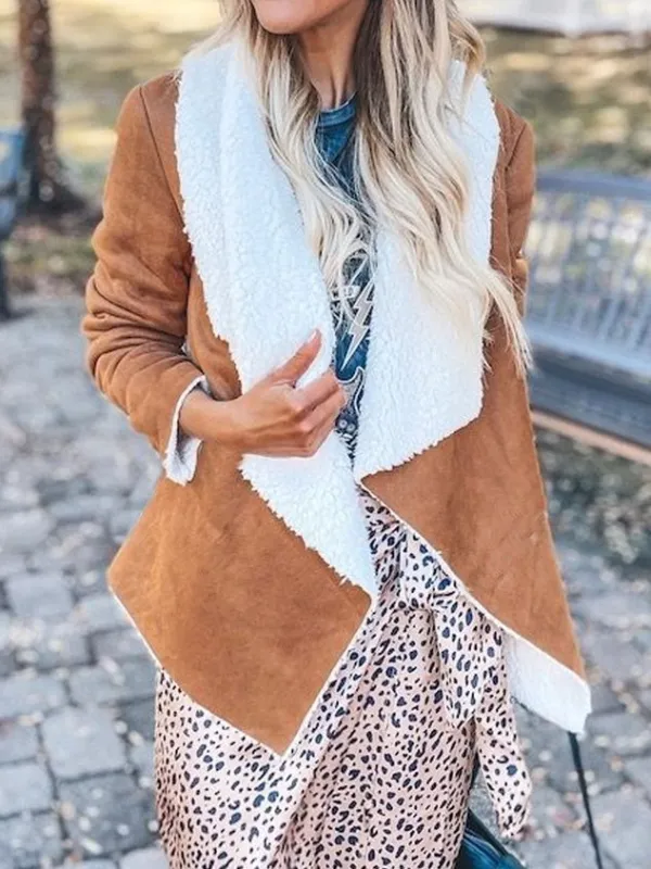 Fluff/Granular Fleece Fabric Casual Color Block Teddy Jacket