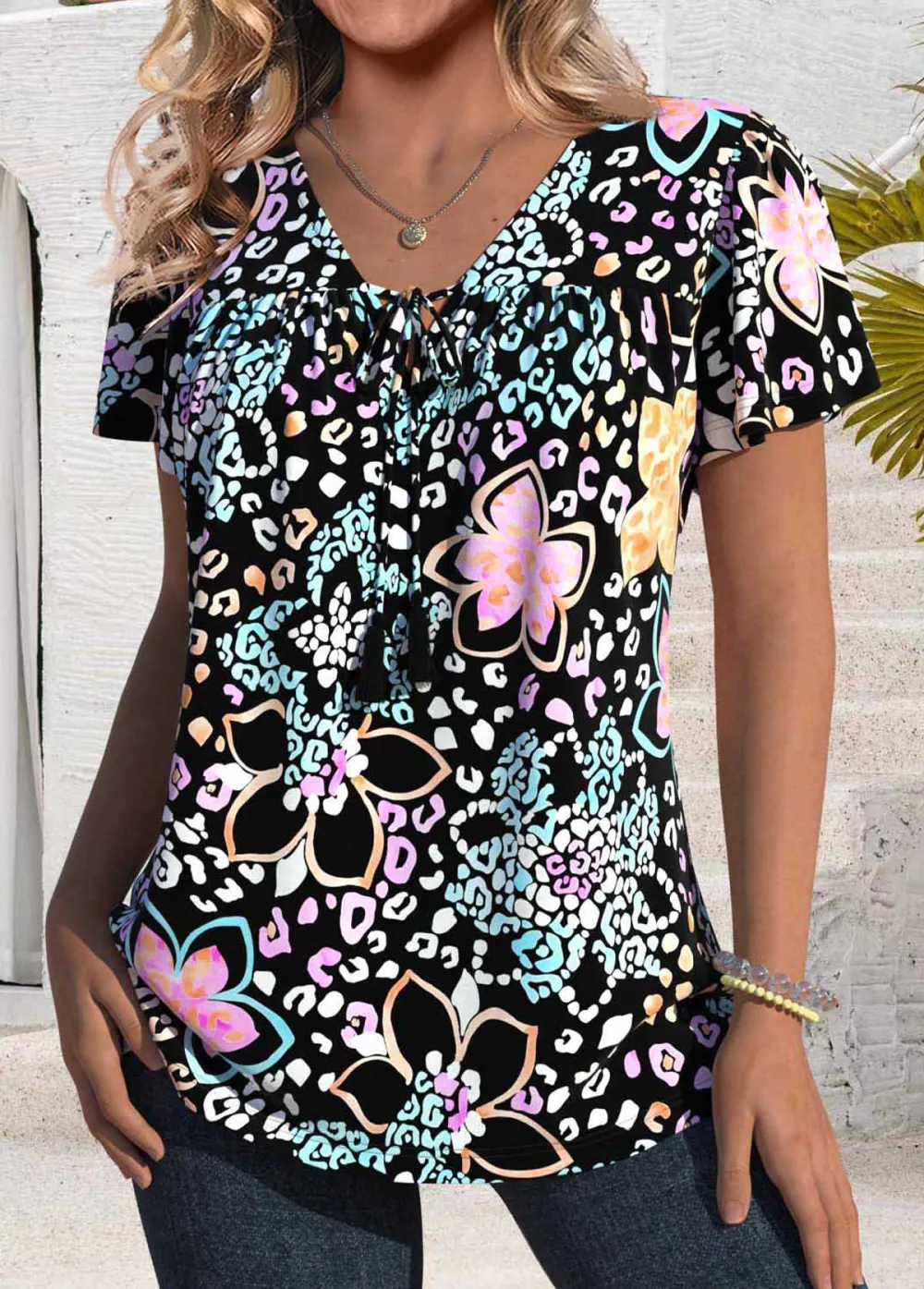 Black Tie Floral Print Short Sleeve T Shirt