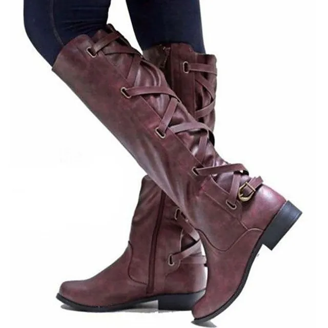 Women's Boots Biker boots Lace Up Boots Riding Boots Party Outdoor Knee High Boots Chunky Heel Fashion Classic Casual PU Solid Color dark brown claret Black