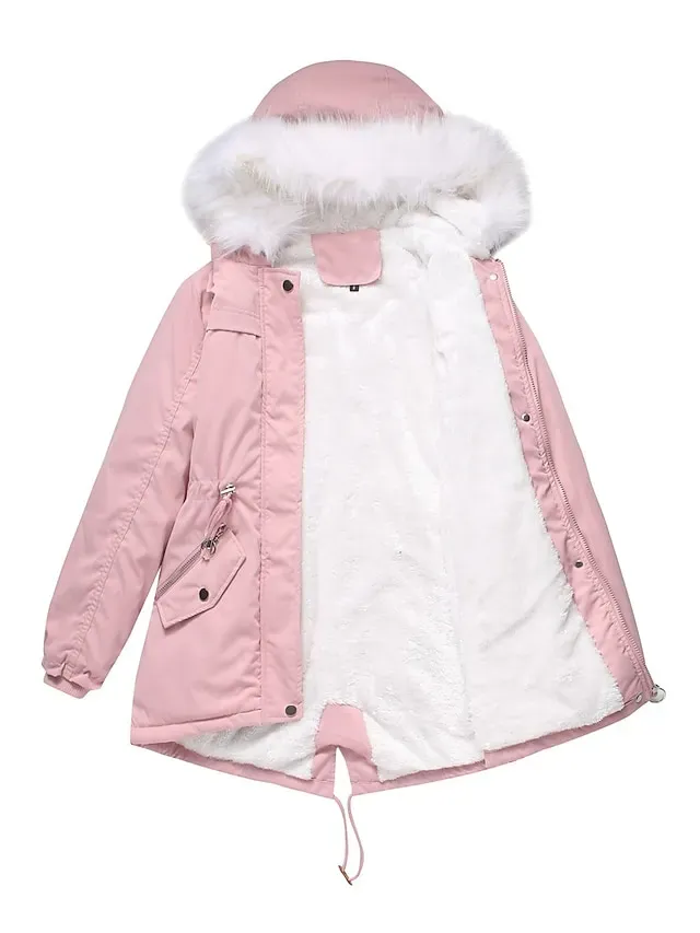 Women's Parka Puffer Coat Thermal Warm Winter Coat Windproof Heated Coat with Fur Collar Fall Zip up Drawstring Fleece Jacket with Pockets Outerwear Pink Black Pink Mid-Length