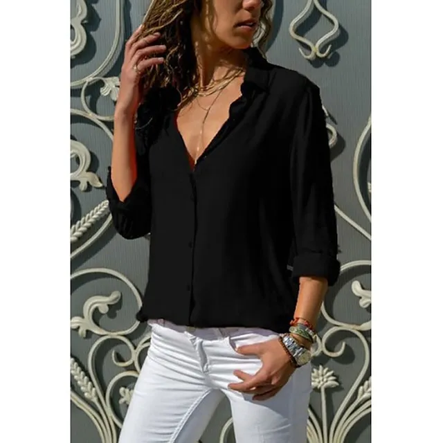 Women's Blouse Shirt Plain Shirt Collar Business Basic Elegant Tops Blue Yellow Gray