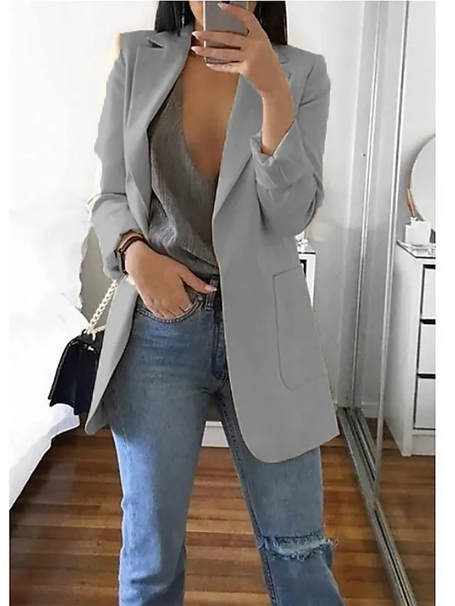 Women's Plus Size Curve Blazer Spring Work to Wear Office Jacket with Pocket Long Sleeve Peaked Lapel Fall Winter