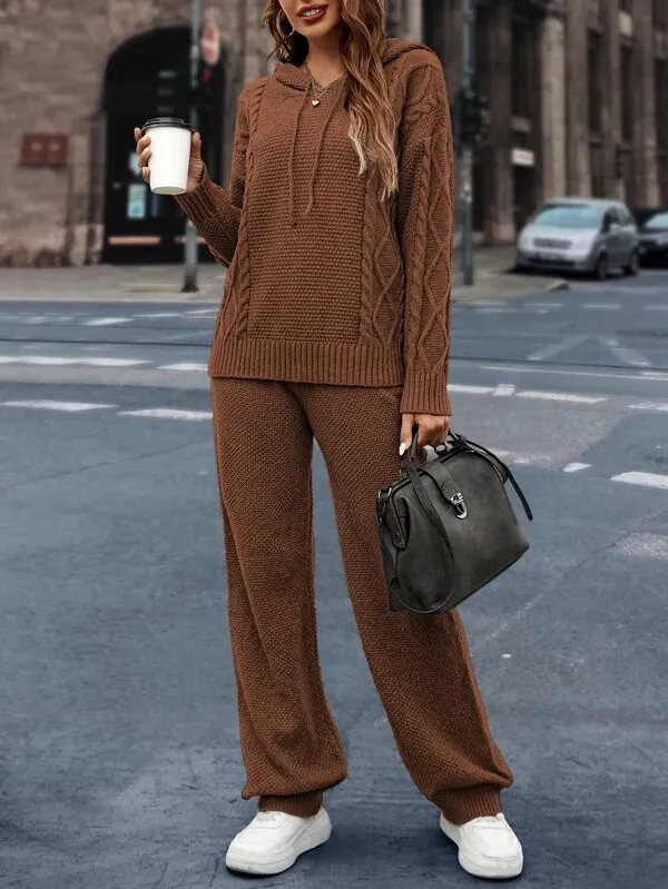 Drop Shoulder Cable Knit Drawstring Hooded Sweater & Knit Pants