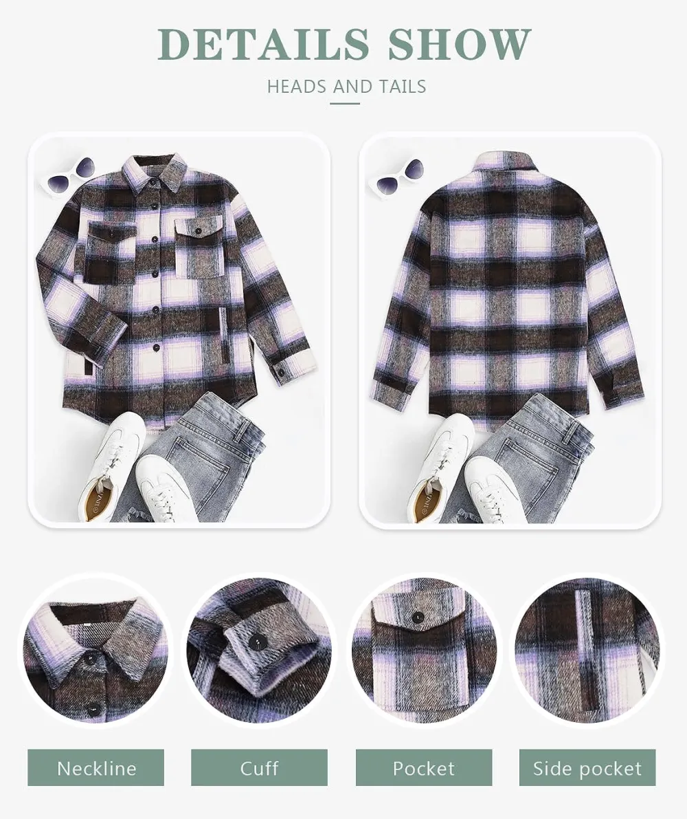 Women's Flannel Plaid Shacket Long Sleeve Button Down Chest Pocketed Shirts Jacket Coats