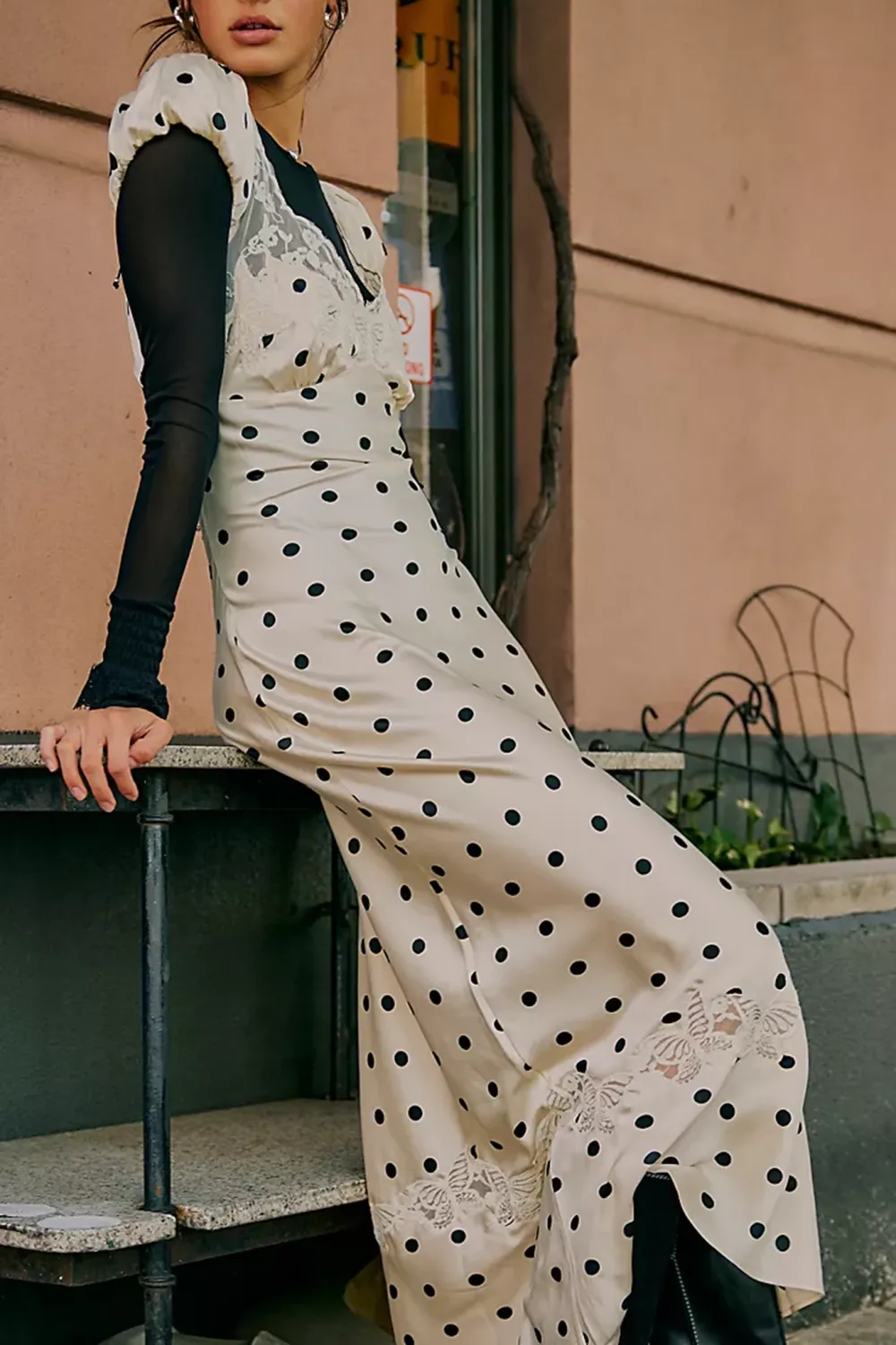 V Neck Floral Print Lace Trim Midi Dress