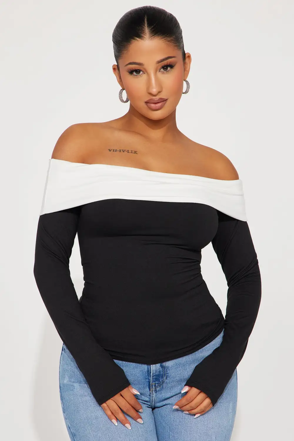 Miss Independent Off Shoulder Top - Black/White