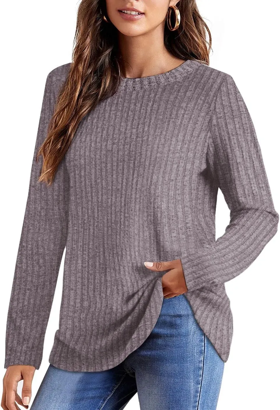 OFEEFAN Long Sleeve Shirts for Women Lightweight Crew Neck Casual Tunic Tops