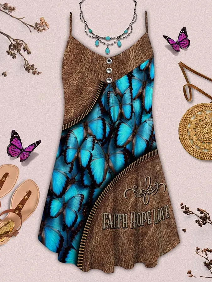 Faith Hope Love Butterfly Zipper Print Spaghetti Strap Dress