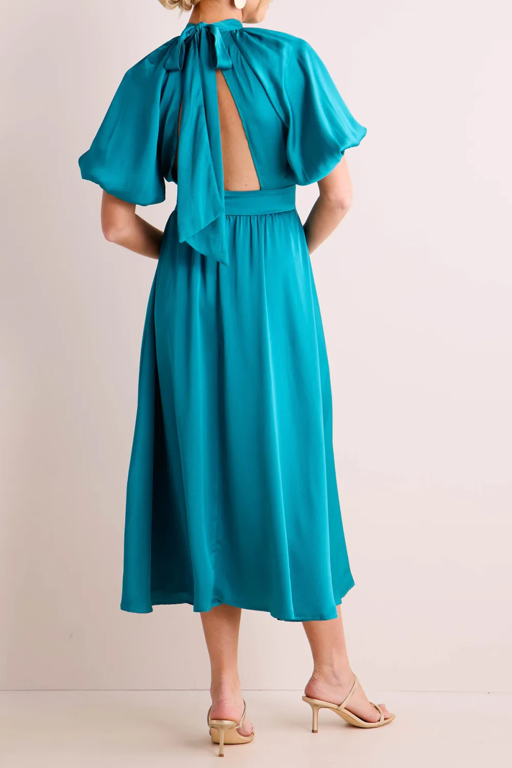 Turquoise Short Sleeve Tie-Waist Midi Dress