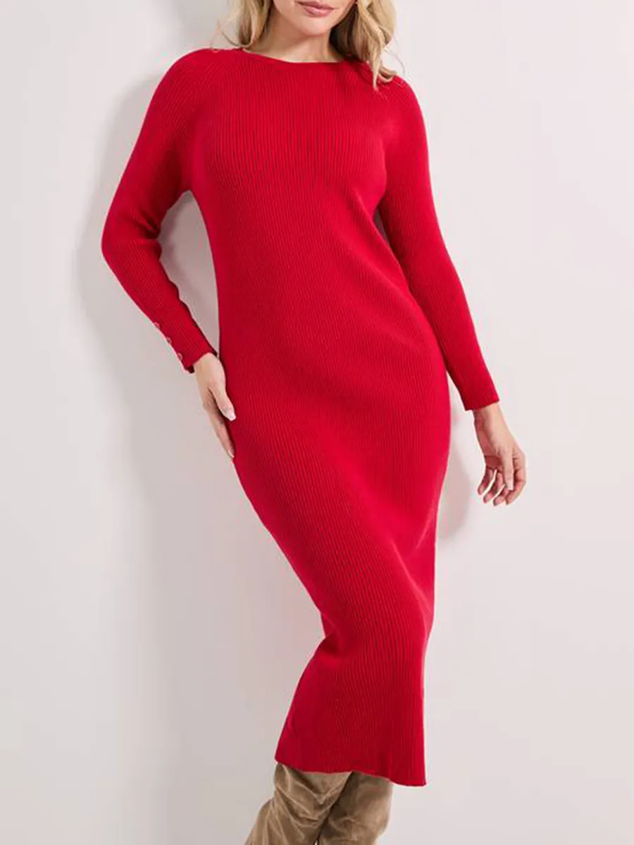 Ribbed Crew Neck Knit Midi Dress