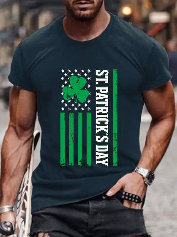 Men'S T-Shirt Men'S St Patrick'S Day Printed T-Shirt Pure Cotton Round Neck Printed Alphabet Short Sleeve