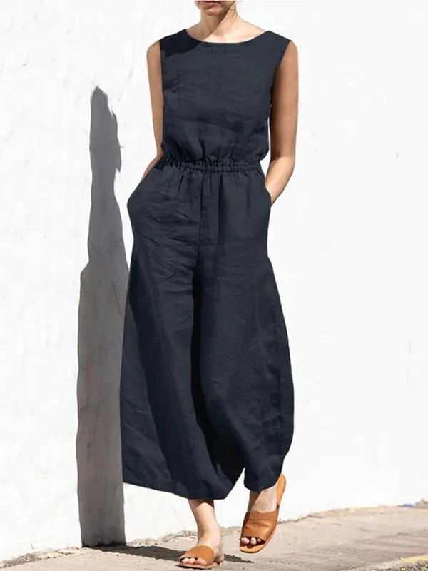 Simple Sleeveless Wide Leg Elasticity Solid Color Round-Neck Jumpsuits
