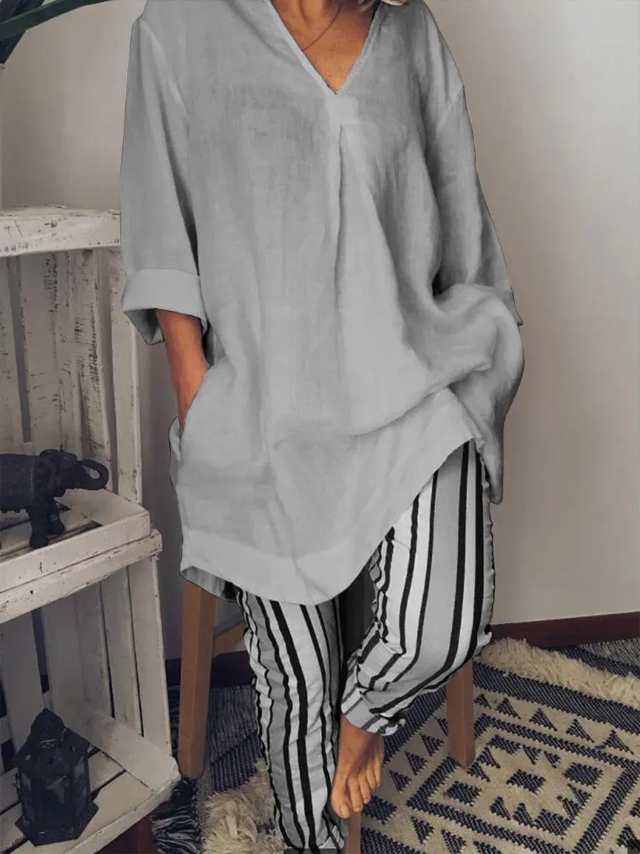 Women's V-neck Long Version Tee And Heavy Stripe Pants Suits