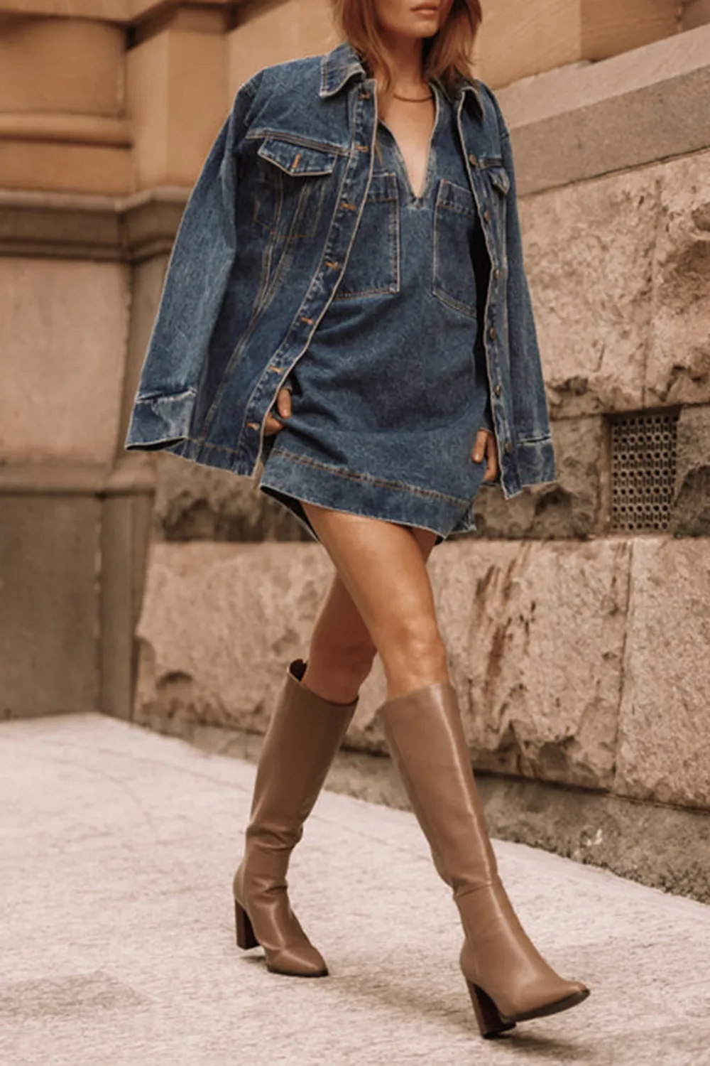 DENIM STYLE LONG SLEEVE DRESS