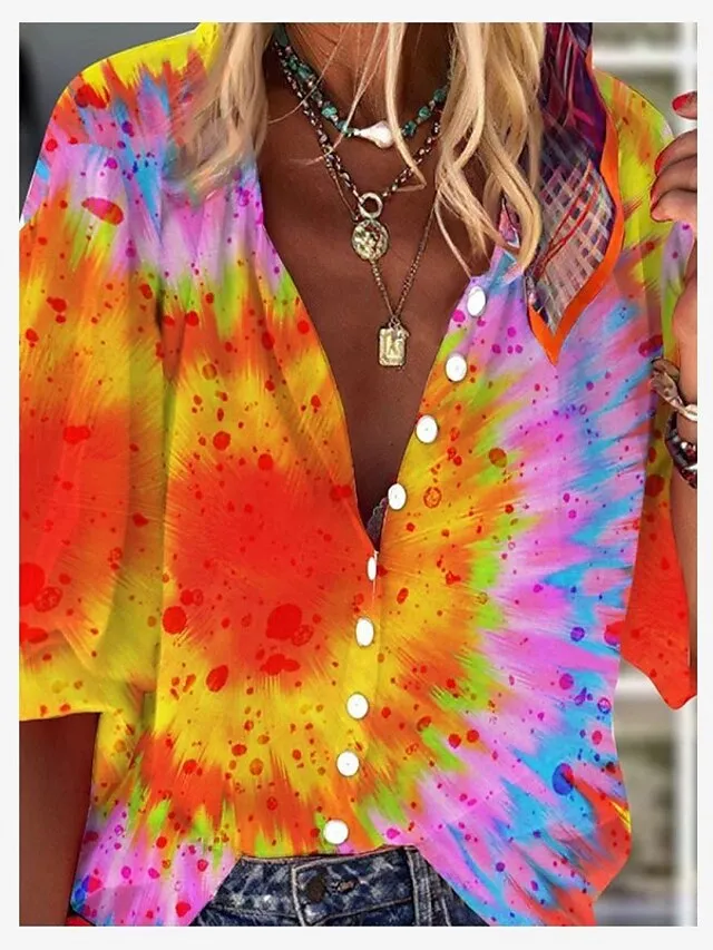 Women's Shirt Blouse Yellow Orange Graphic Button Print Long Sleeve Casual Daily Basic Neon & Bright V Neck Regular Fit Fall & Winter