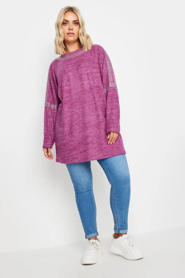 YOURS Curve Purple Marl Stud Neckline Embellished Jumper