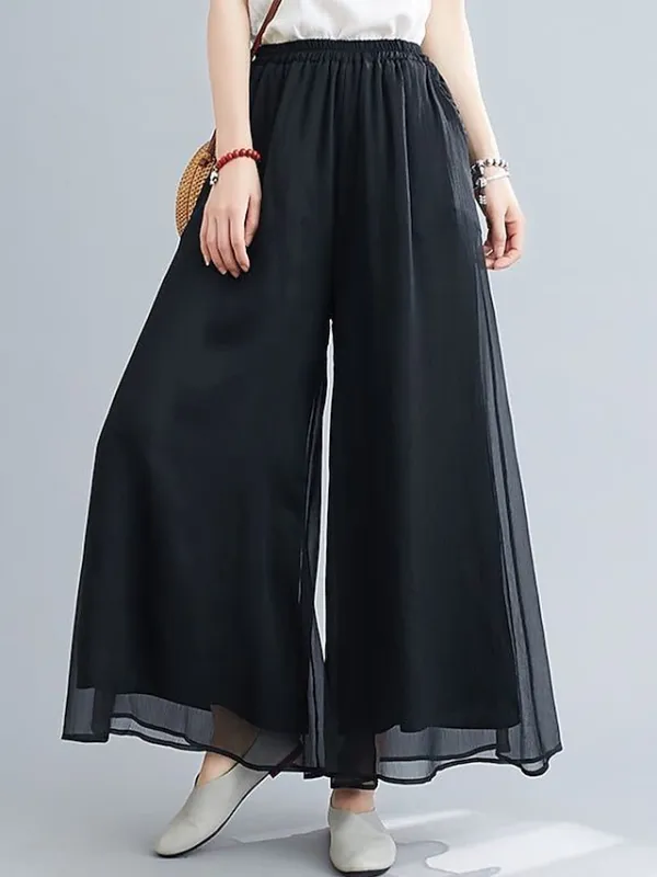 Women's Wide Leg Chinos Gauchos Pants Trousers Full Length Multi-Layer Wide Leg Baggy Micro-elastic Mid Waist Stylish Casual Daily Vacation Black White M L Summer Spring