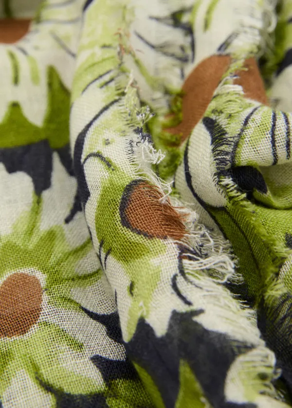 Green Floral Linen-Blend Casual Style Scarf