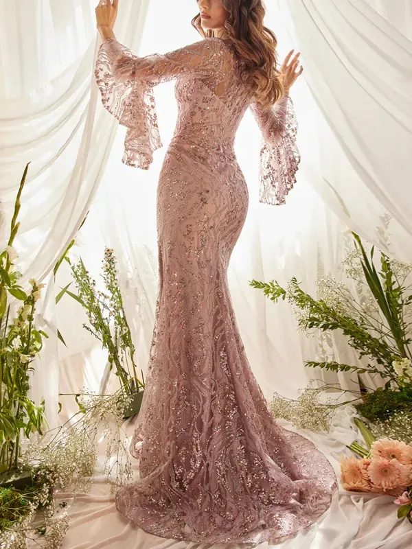 V-neck Lace Sequined Bodysuit Maxi Dress