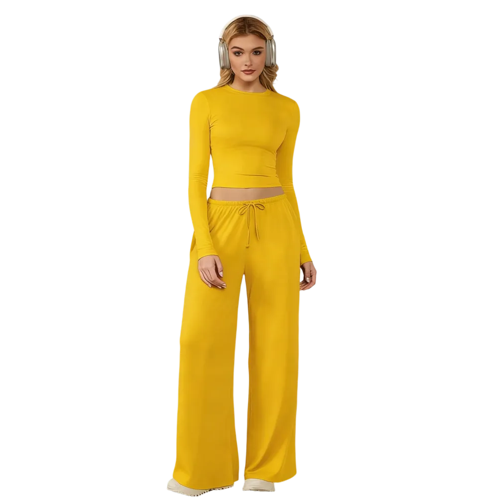 Women's two-piece tracksuit set, long-sleeved crop top and wide-leg pants