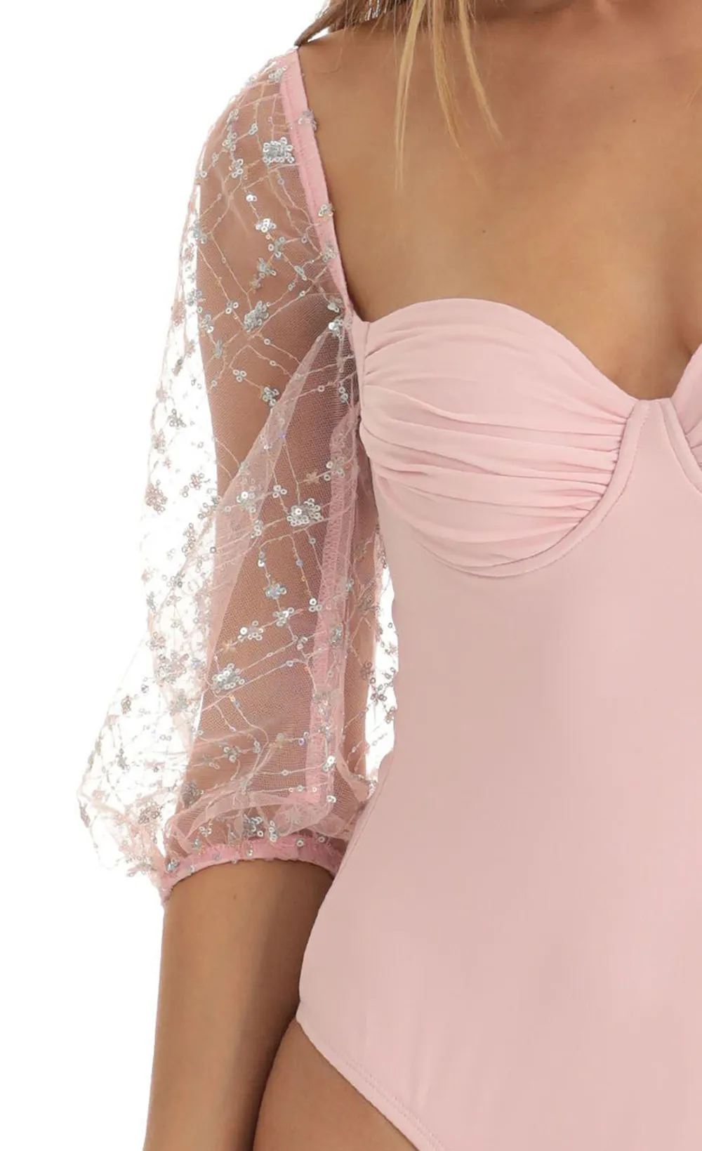Sequin Puff Sleeve Bodysuit in Pink