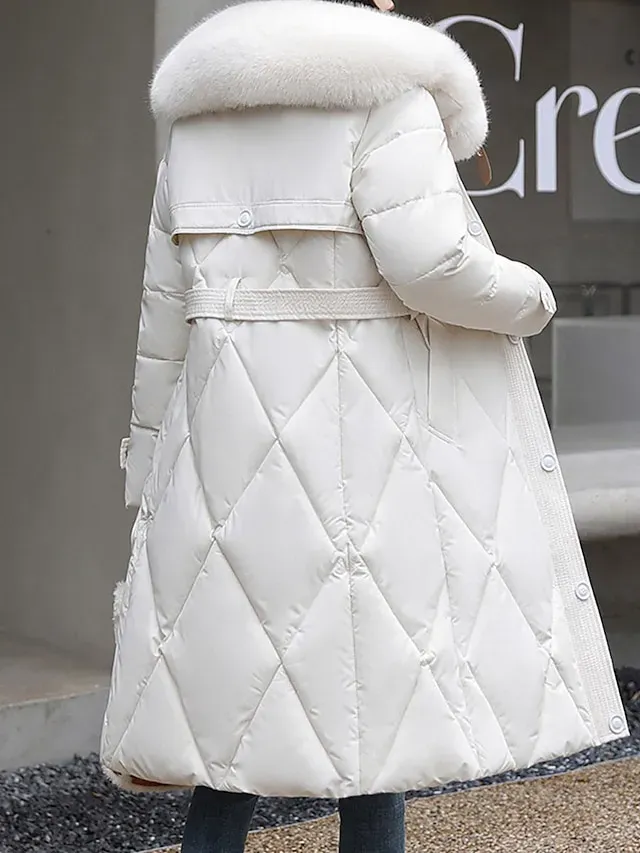 Women's Parka Warm Long Puffer Jacket Zipper with Fur Collar Hood Winter Outdoor Street Daily Wear with Pocket Vacation Modern Casual Plain Regular Fit Outerwear Long Sleeve Fall Black White Khaki