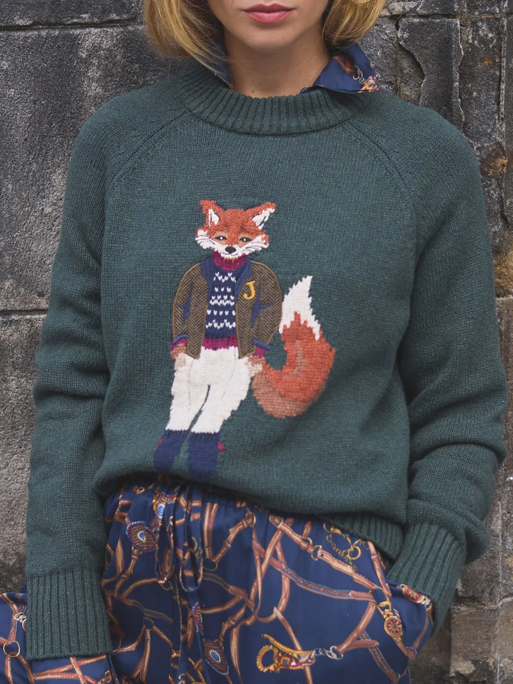 Dark Green Intarsia Fox Knit Jumper