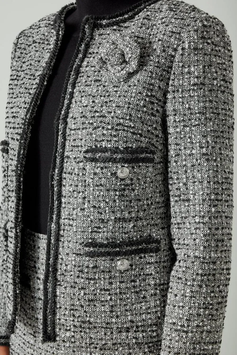 Grey Tweed Short Jacket With Contrast Trims