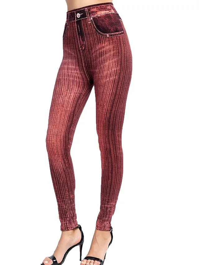 Women's Jeans Skinny Bell Bottom Ankle-Length Faux Denim Print High Elasticity High Waist Tights Casual / Sporty Casual Weekend Black Red S M