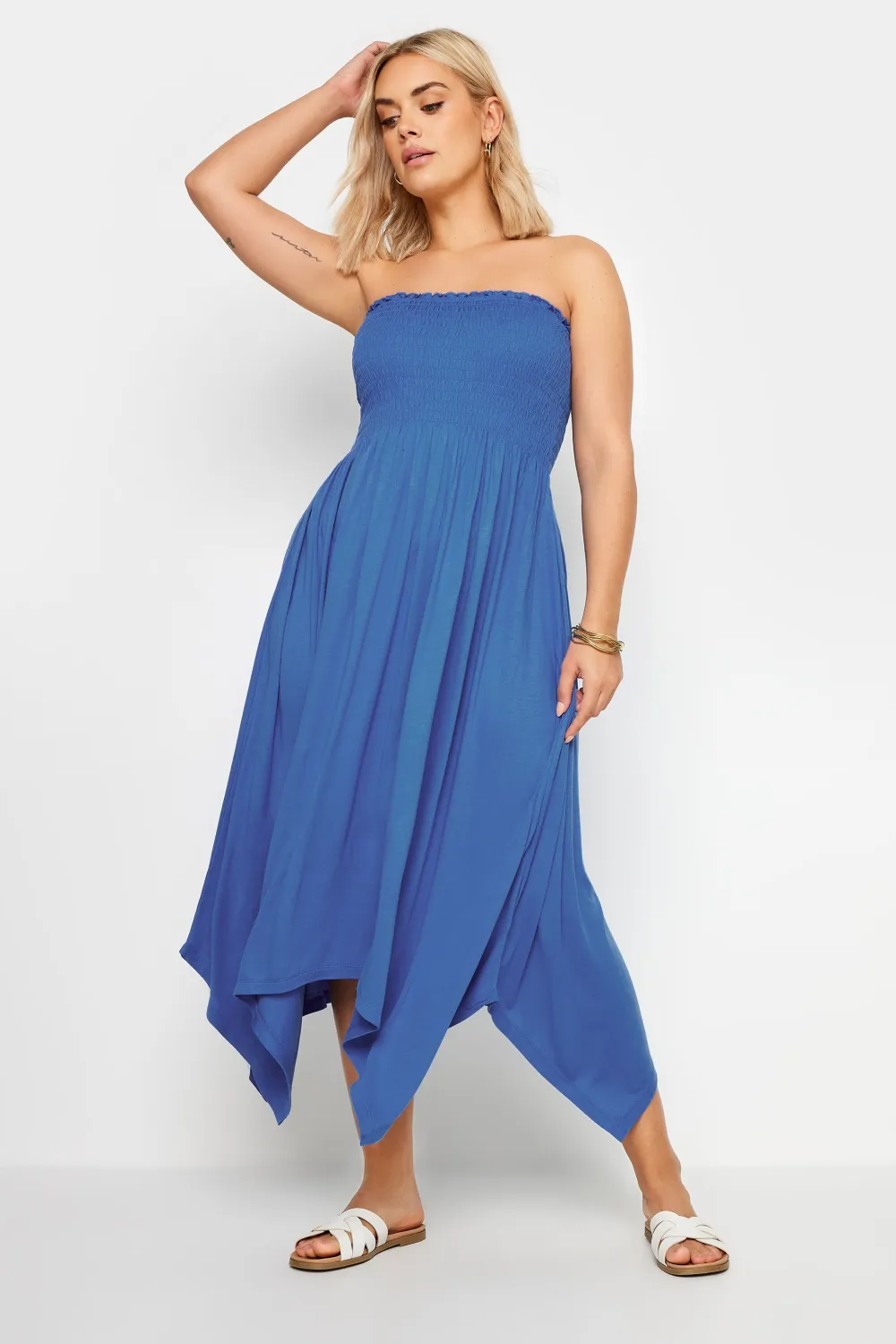 YOURS Curve Cobalt Blue Shirred Bandeau Midi Dress