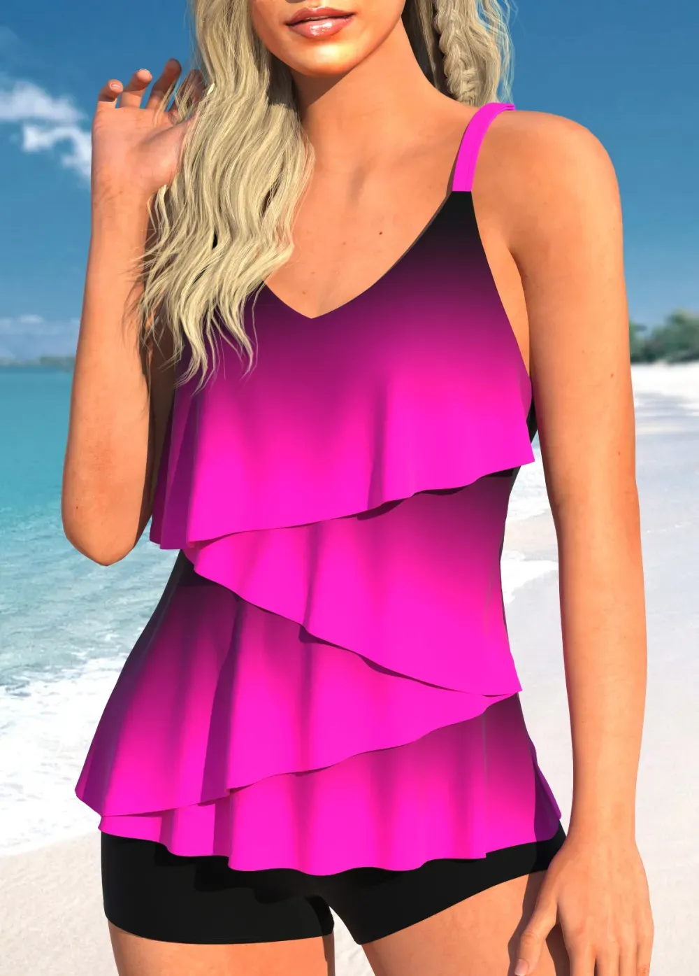 V Neck Patchwork Light Pink Tankini Top