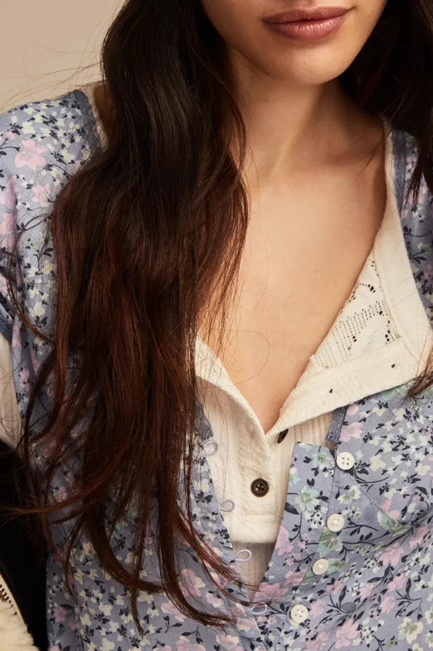 Blue Multi Lace Trimmed Button Front Midi Dress