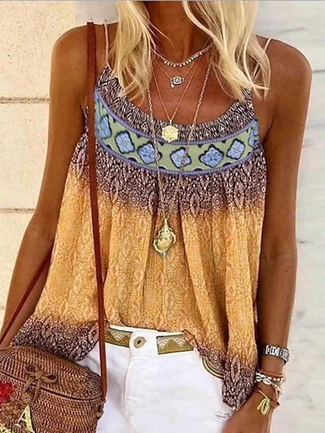Women's Plus Size Boho Shirt Tank Top Camisole Summer Tops Geometric Sexy Holiday Beach Yellow Pink Sleeveless Boho Strap