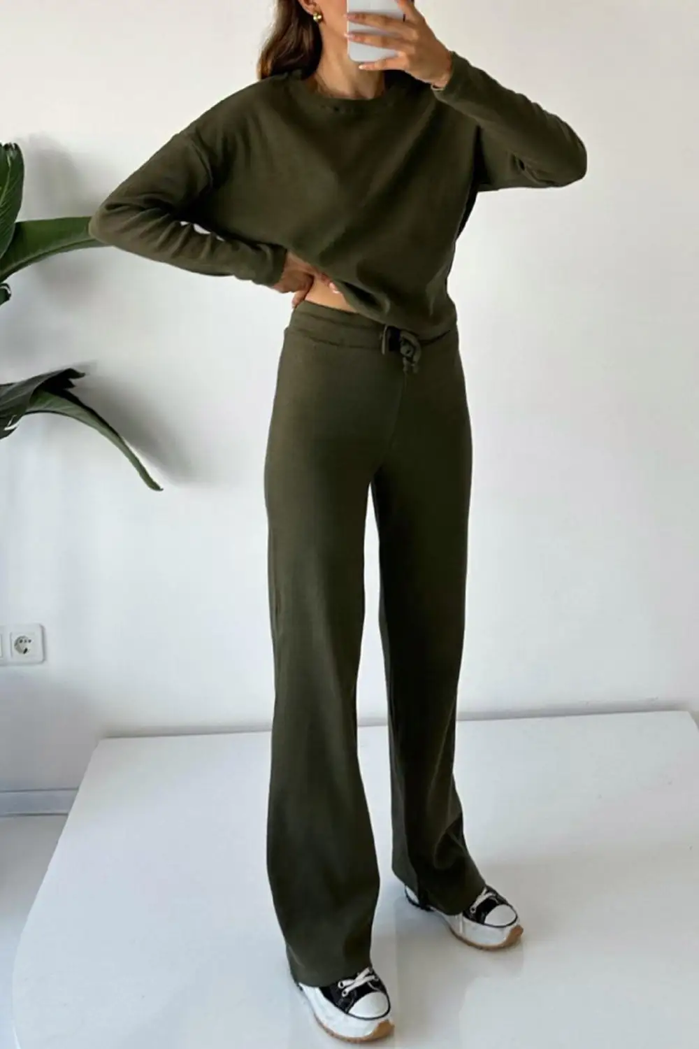 Ribbed Crew Neck Crop Top Drawstring Long Pants Set