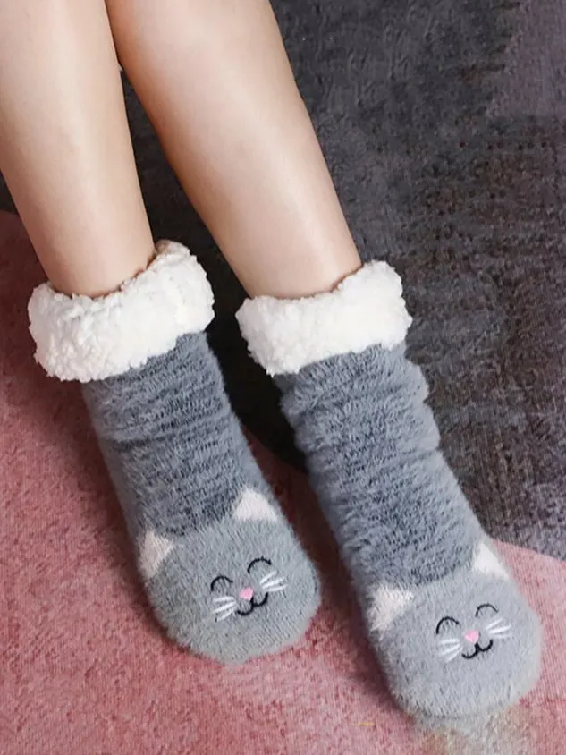 1pair Women Cartoon Cat Warmth Non-Slip Floor Socks
