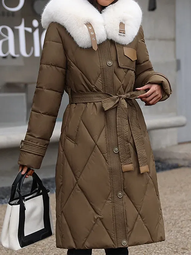 Women's Parka Warm Long Puffer Jacket Zipper with Fur Collar Hood Winter Outdoor Street Daily Wear with Pocket Vacation Modern Casual Plain Regular Fit Outerwear Long Sleeve Fall Black White Khaki