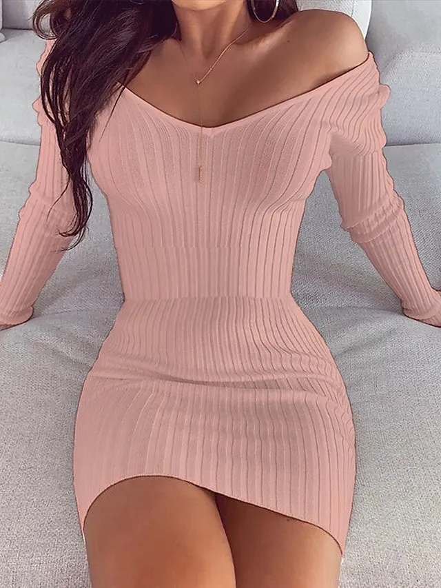Women's Sweater Dress Winter Dress Sheath Dress Knee Length Dress Elegant Pure Color Outdoor Winter Dress Date Fall Dress V Neck Long Sleeve Patchwork 2023 Slim Black White Pink S M L XL XXL 3XL